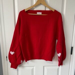 Pink Lily Red Boatneck Sweater with White Heart Sleeves